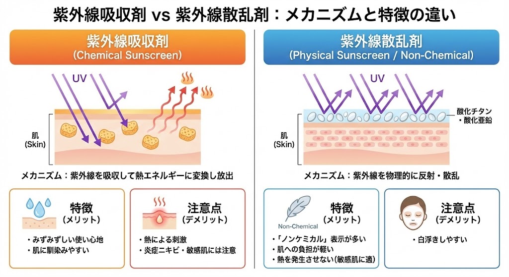 紫外線吸収剤と紫外線散乱剤のメカニズムと特長の違い