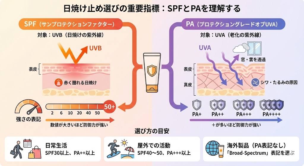 日焼け止めの選びの重要指標であるSPFとPAの説明