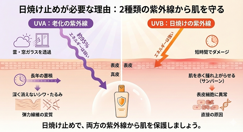 2種類の紫外線UVA,UVBの肌への影響