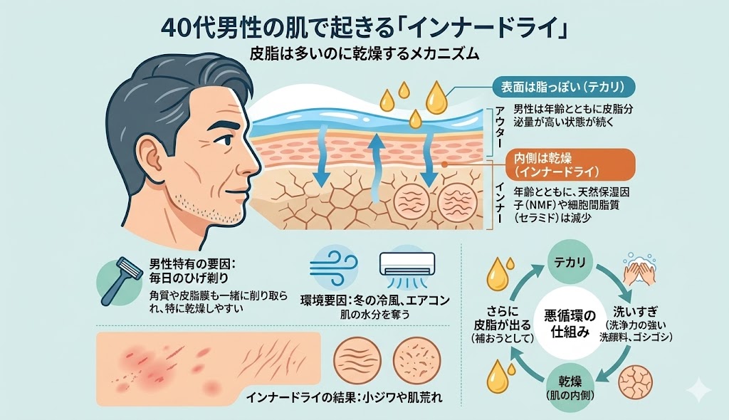 皮脂は多いのに乾燥する|40代男性の肌で起きるインナードライ