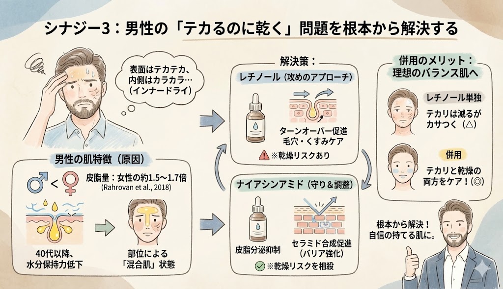 ナイアシンアミドとレチノールのシナジー効果３：テカるのに乾くを解決する