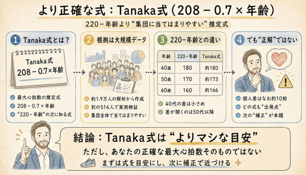 より正確な式：Tanaka式（208 − 0.7 × 年齢）