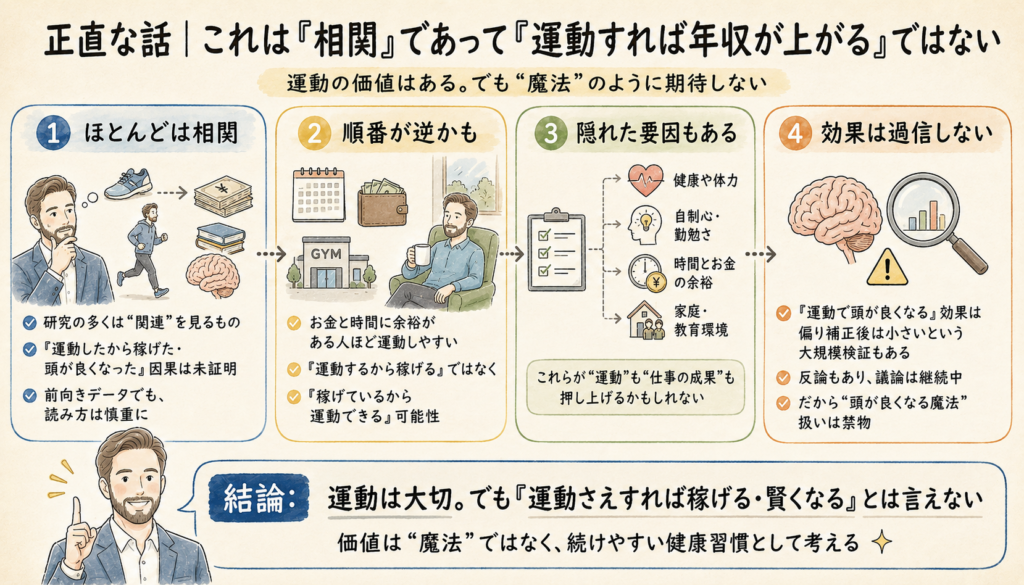 正直な話｜これは「相関」であって「運動すれば年収が上がる」ではない